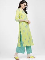 Thumbnail for Vishudh Women Lime Green Ethnic Motifs Printed Regular Pure Cotton Kurta with Palazzos