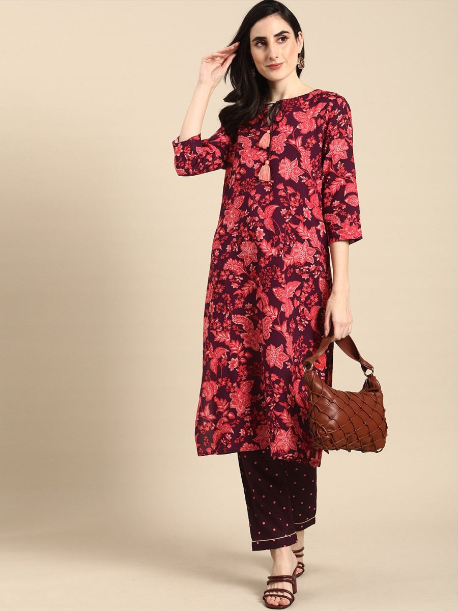 All About You Women Purple & Red Floral Printed Regular Kurta with Trousers - Distacart