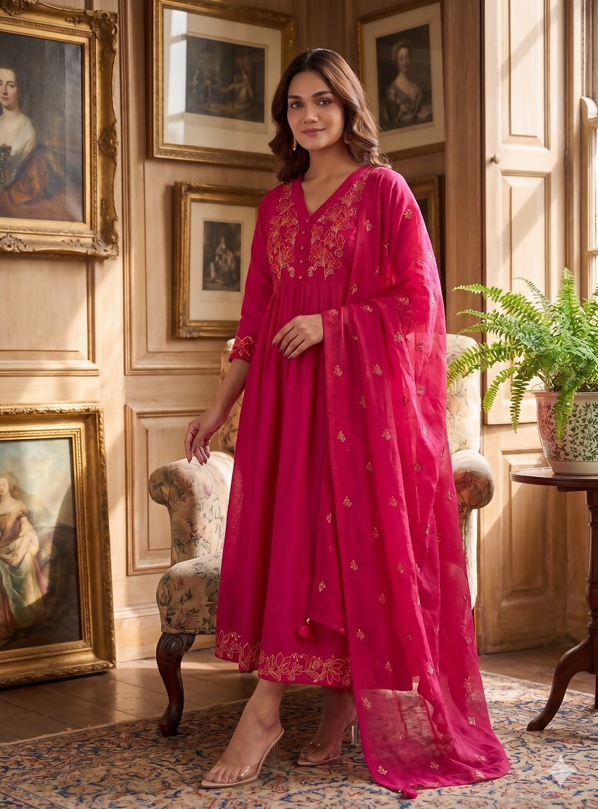 Teeya Creation Elegant Hot Pink Flared Anarkali Kurti And Dupatta Set For Women - Dista