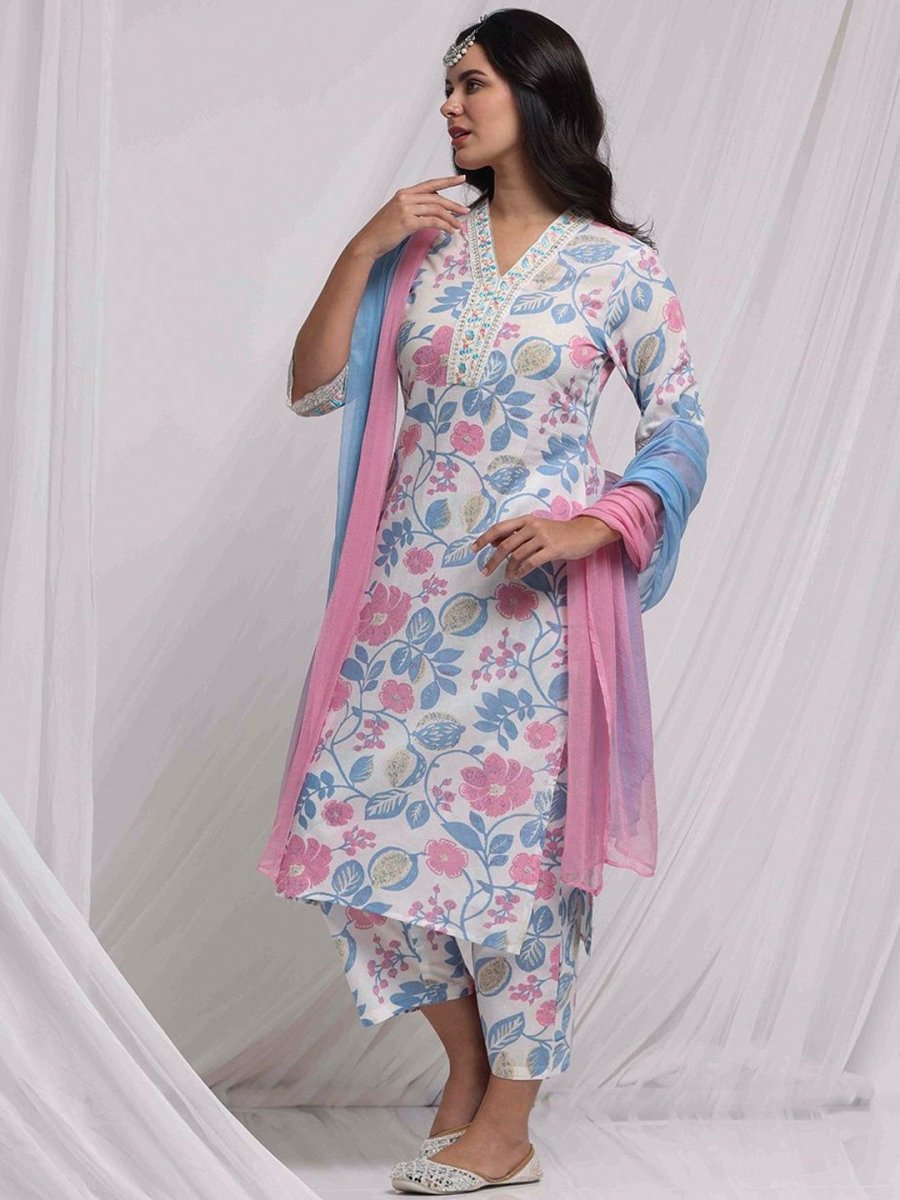 Anouk Off-White Floral Embroidered Thread Work Pure Cotton Kurta with Trousers & Dupatta