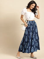 Thumbnail for TAG 7 Women Navy Blue & White Printed Flared Palazzos