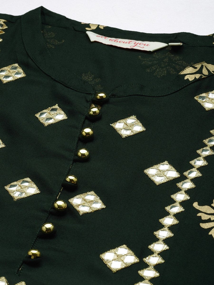 All About You Women Teal Green & Gold-Toned Ethnic Motifs Printed Mirror Work Kurta - Distacart
