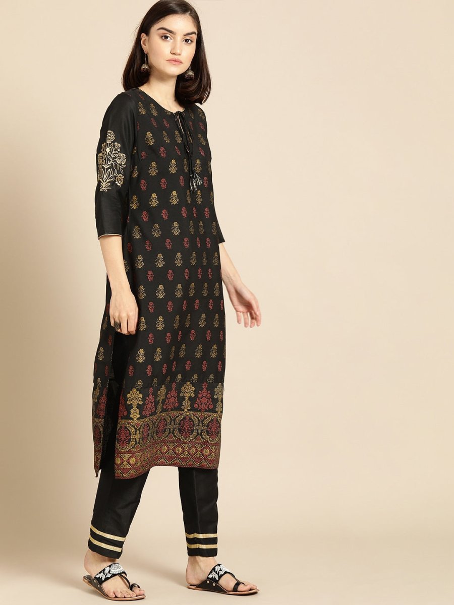All About You Women Black & Yellow Floral Printed Regular Kurta with Trousers - Distacart