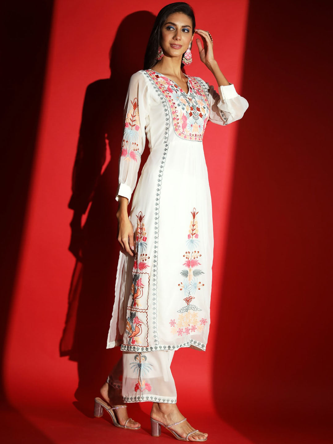 Kalini Floral Embroidered Kurta With Palazzos & Dupatta - Distacart