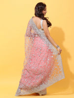 Thumbnail for kasee Pink & Silver-Toned Floral Embroidered Net Heavy Work Saree - Distacart