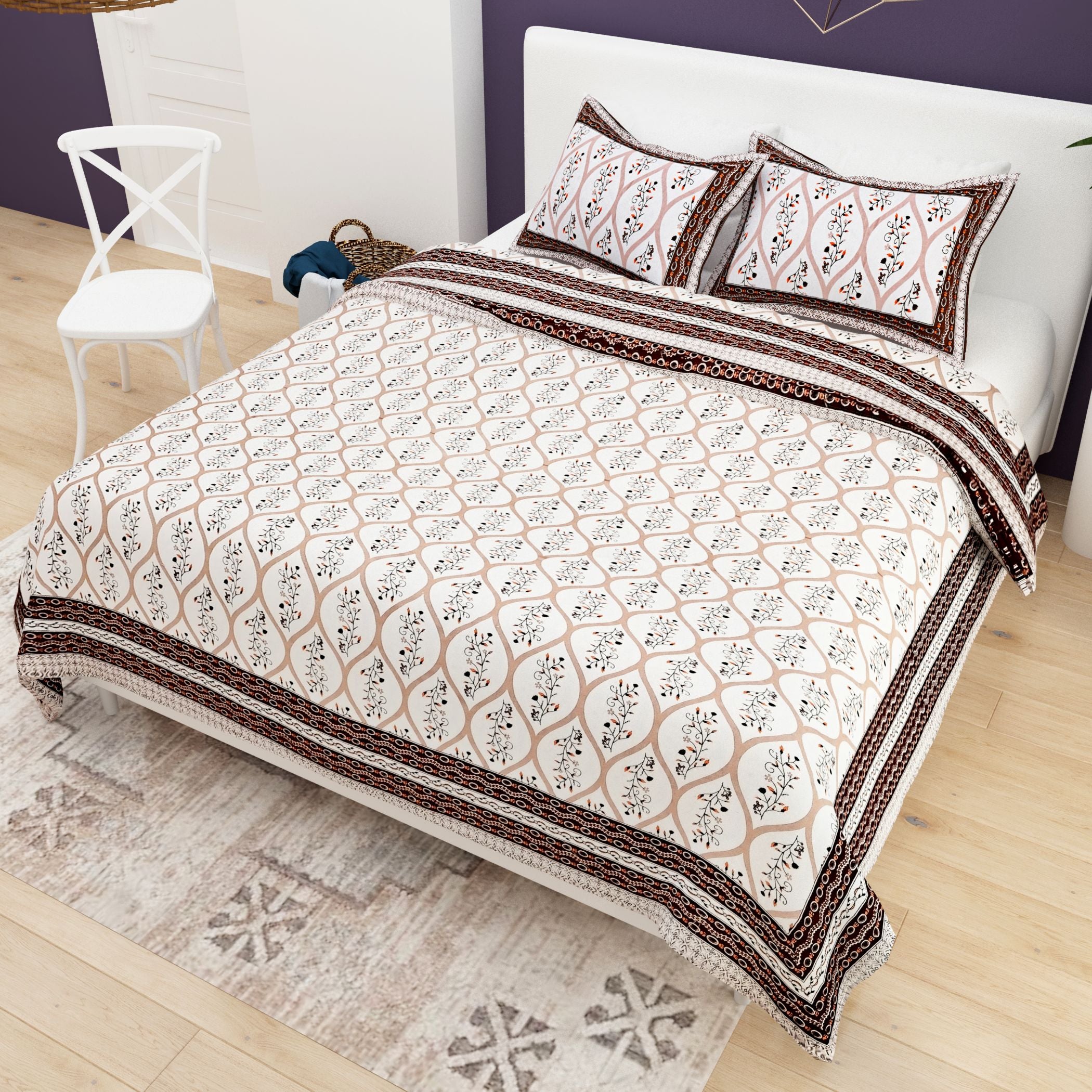 Pink White Ethnic Motifs Cotton 200TC King Bedsheet With 2 Zipper Pillow Covers - King Size by House of Ree - Distacart