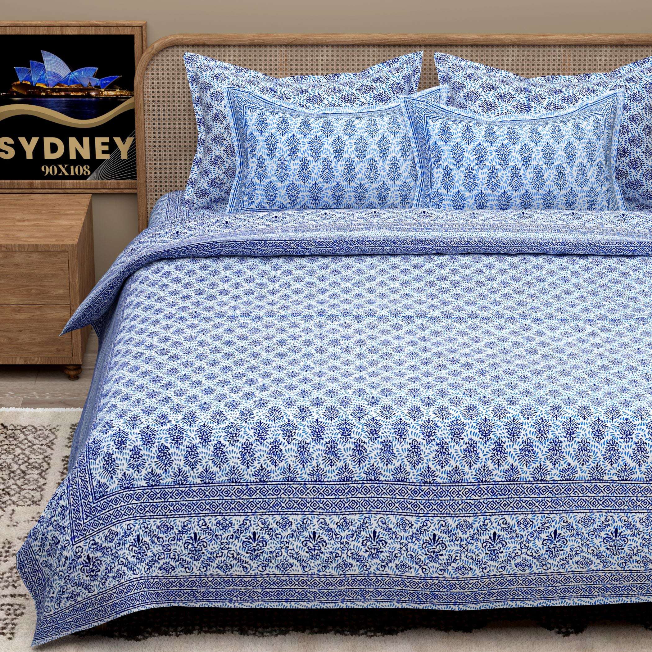 White Blue Ethnic Motifs Cotton 200TC King Bedsheet With 2 Zipper Pillow Covers - King Size by House of Ree - Distacart