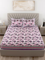 Thumbnail for Green Orange Floral Printed Cotton 200TC King Bedsheet With 2 Zipper Pillow Covers - King Size by House of Ree - Distacart