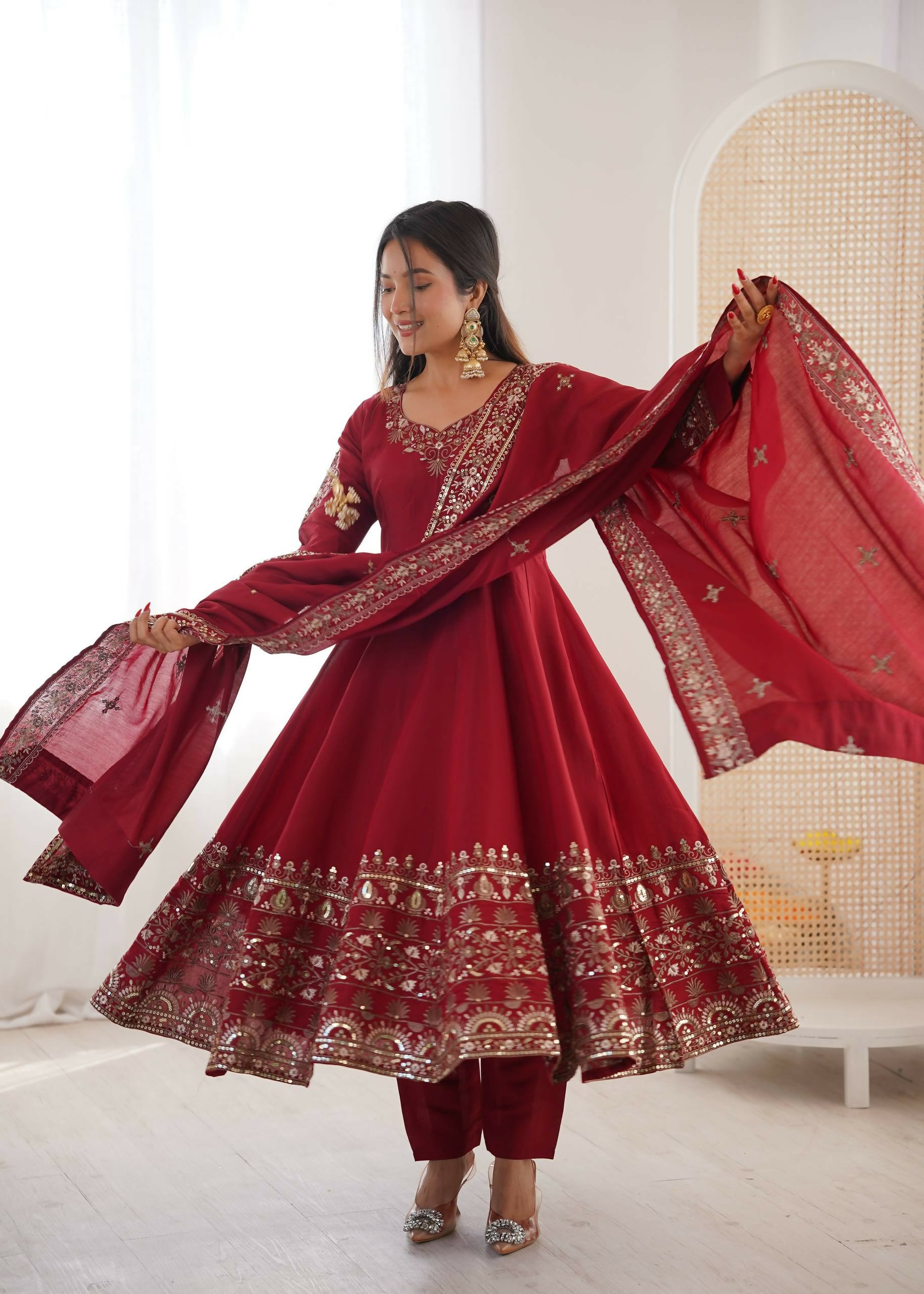 Teeya Creation Maroon Roman Silk Embroidery Work Party Wear Long Gown - Distacart