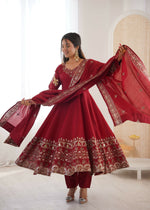 Thumbnail for Teeya Creation Maroon Roman Silk Embroidery Work Party Wear Long Gown - Distacart