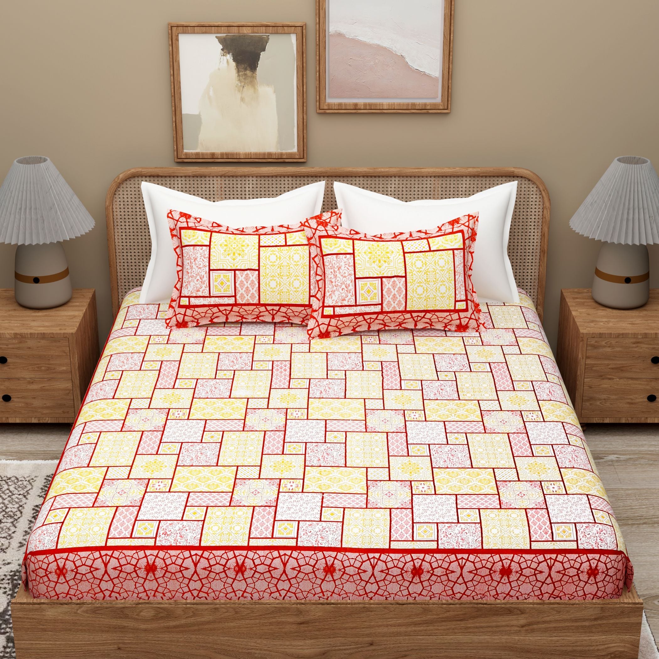 Red Yellow Ethnic Motifs Cotton 300TC King Bedsheet With 2 Zipper Pillow Covers - Super King Size by House of Ree - Distacart