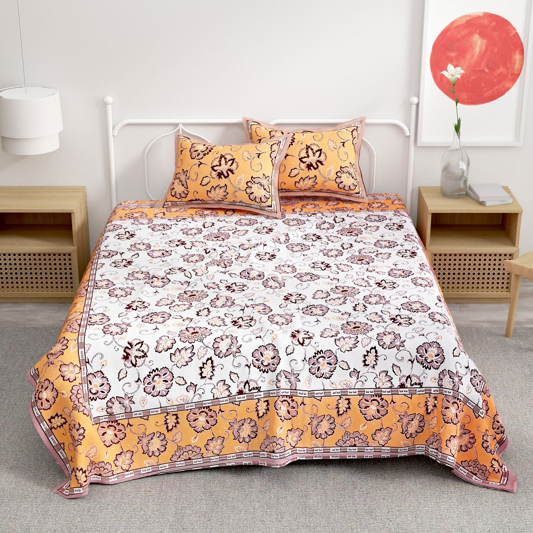 Yellow White Floral Printed Cotton 300TC Super King Bedsheet With 2 Zipper Pillow Covers - King Size by House of Ree - Distacart