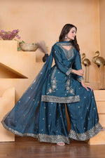 Thumbnail for Joban Fashion Teal Crepe Embroidered Sharara Set - Distacart