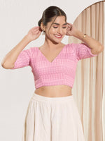 Thumbnail for Joban Fashion Baby Pink Crochet Padded Blouse With V Neck Elbow Sleeves - Distacart