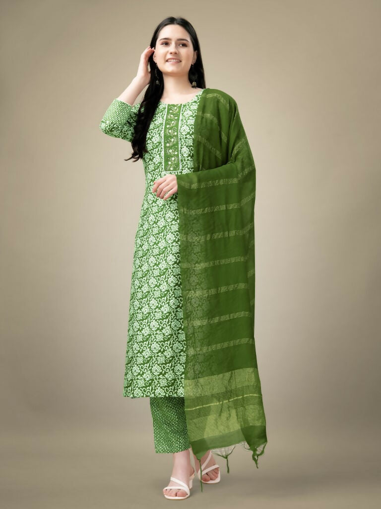 Jyoti Fashion Women's Green Rayon Embroidery & Sequence work Kurta with Trouser & Dupatta - Distacart