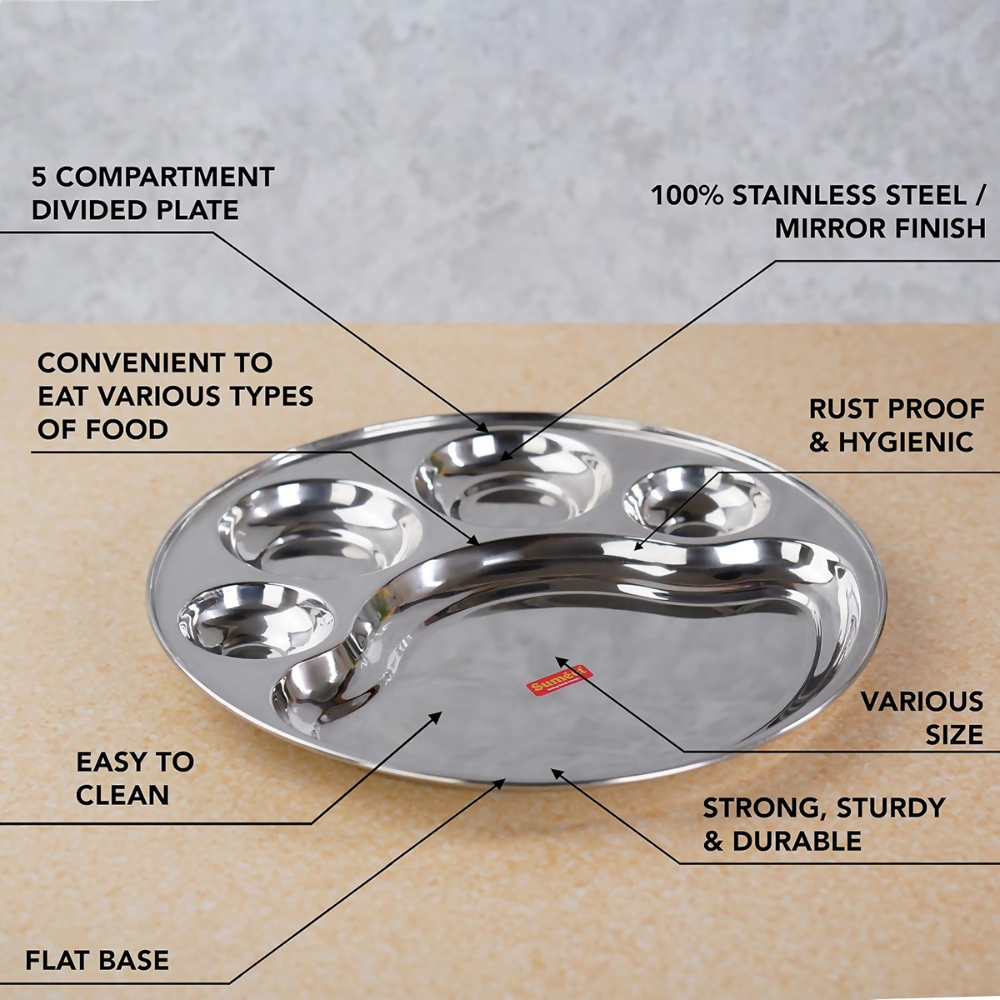 Sumeet Stainless Steel Round 5 in 1 Compartment Lunch/Dinner Plate - Big - Dista