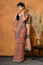 Thumbnail for Very Much Indian Handblock Printed Cotton Saree With Natural Dyes - Orange - Distacart