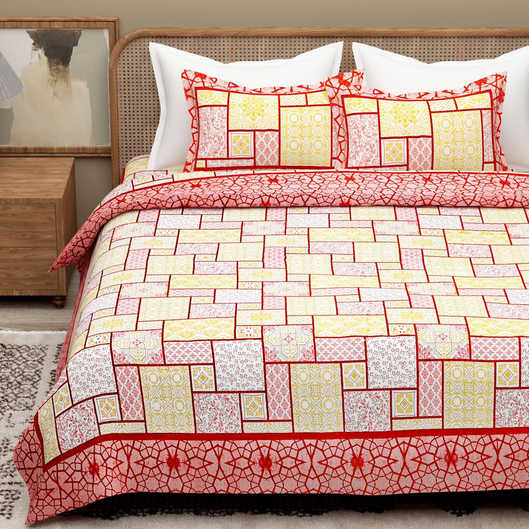 Red Yellow Ethnic Motifs Cotton 300TC King Bedsheet With 2 Zipper Pillow Covers - Super King Size by House of Ree - Distacart