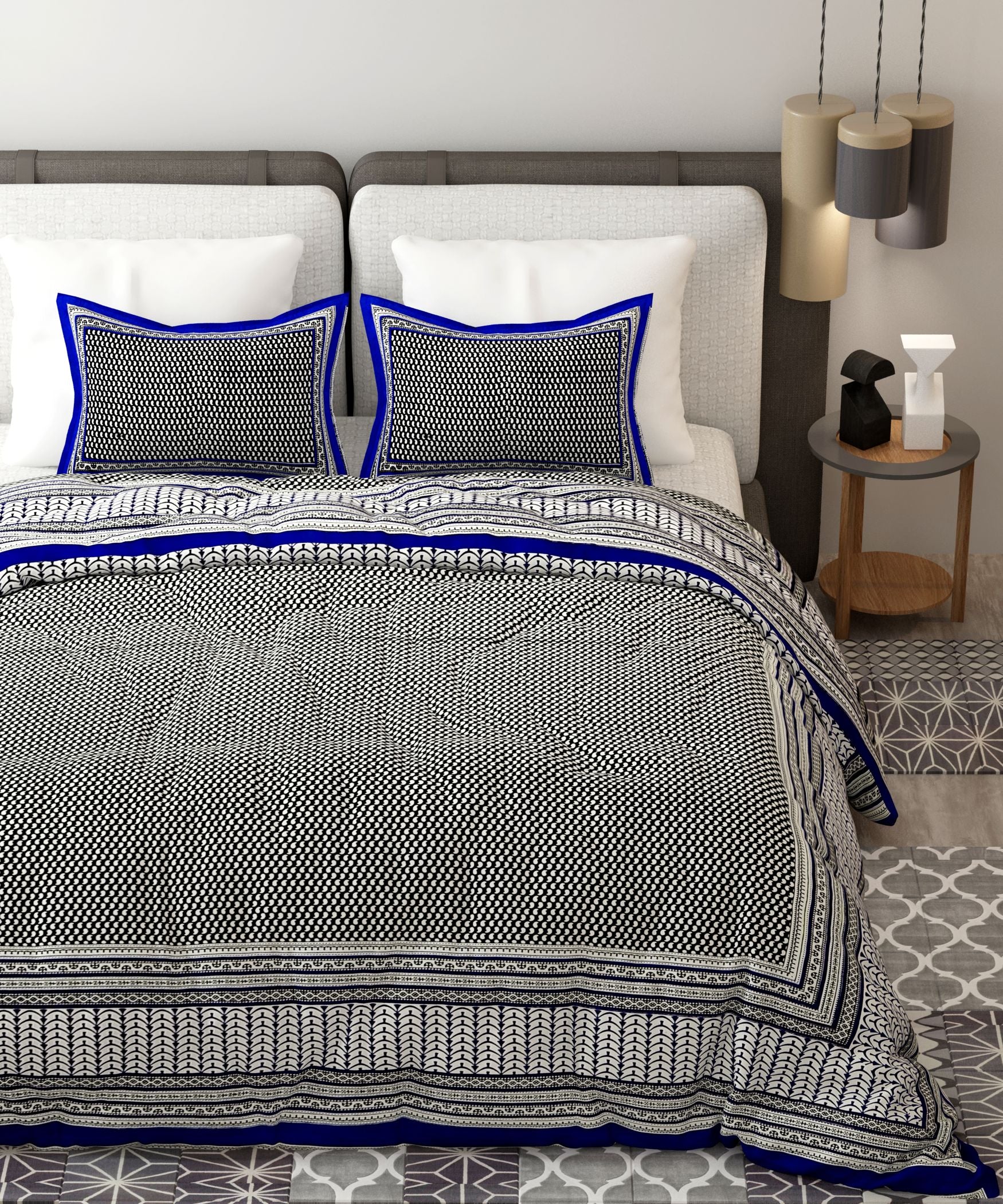 Blue Black Handblock Printed Cotton 200TC King Bedsheet With 2 Zipper Pillow Covers - King Size by House of Ree - Distacart