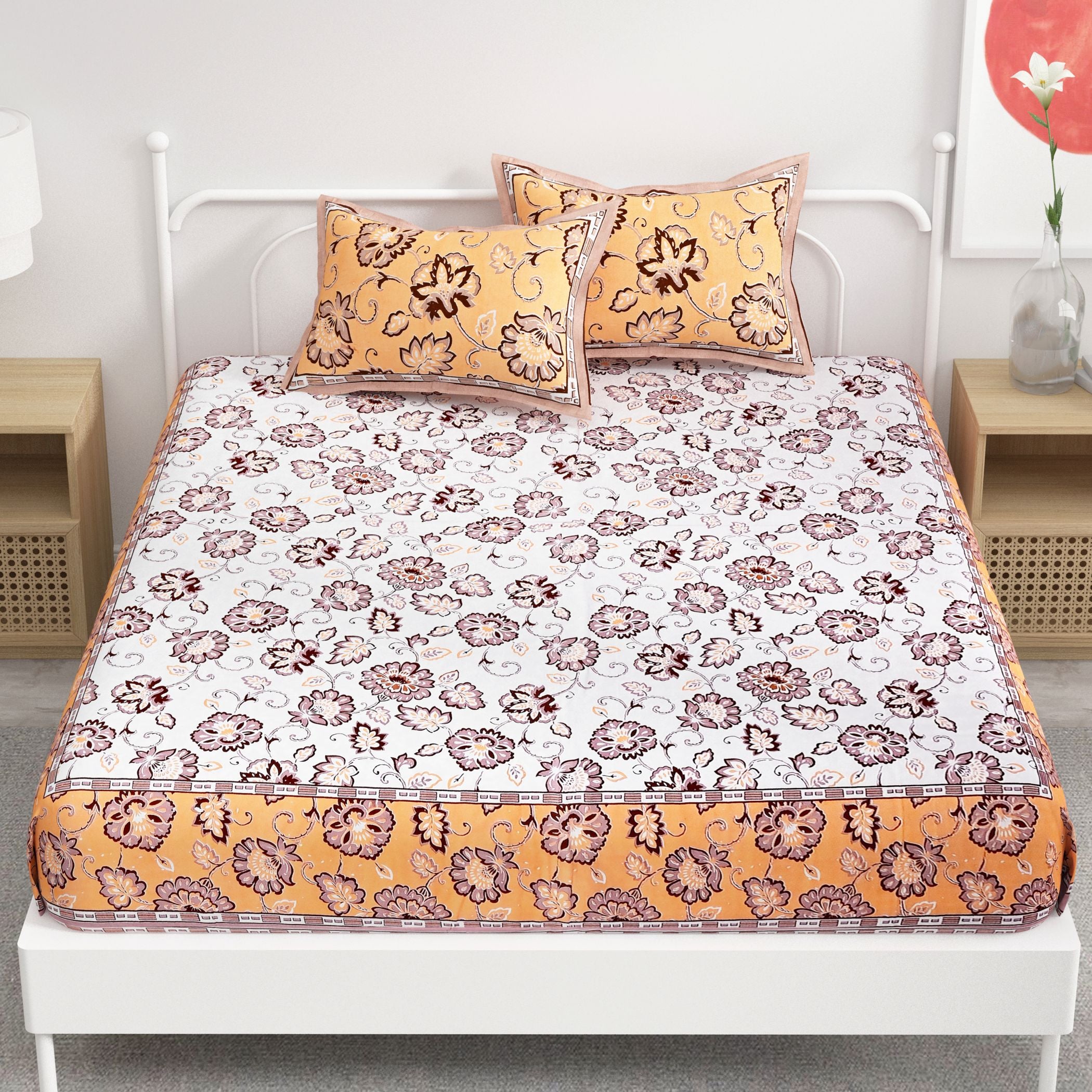 Yellow White Floral Printed Cotton 300TC Super King Bedsheet With 2 Zipper Pillow Covers - King Size by House of Ree - Distacart