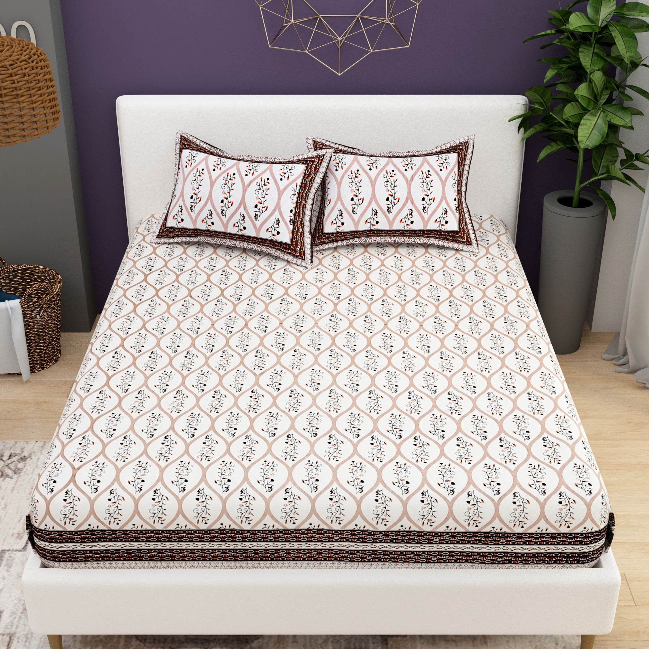 Pink White Ethnic Motifs Cotton 200TC King Bedsheet With 2 Zipper Pillow Covers - King Size by House of Ree - Distacart