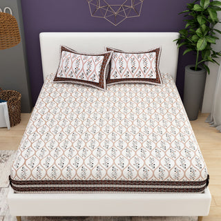 Pink White Ethnic Motifs Cotton 200TC King Bedsheet With 2 Zipper Pillow Covers - King Size by House of Ree - Distacart