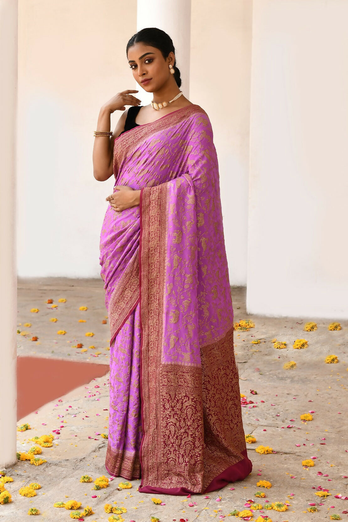 Joban Fashion Hot Pink Crepe Chiffon Pure Handloom Banarasi Silk Saree