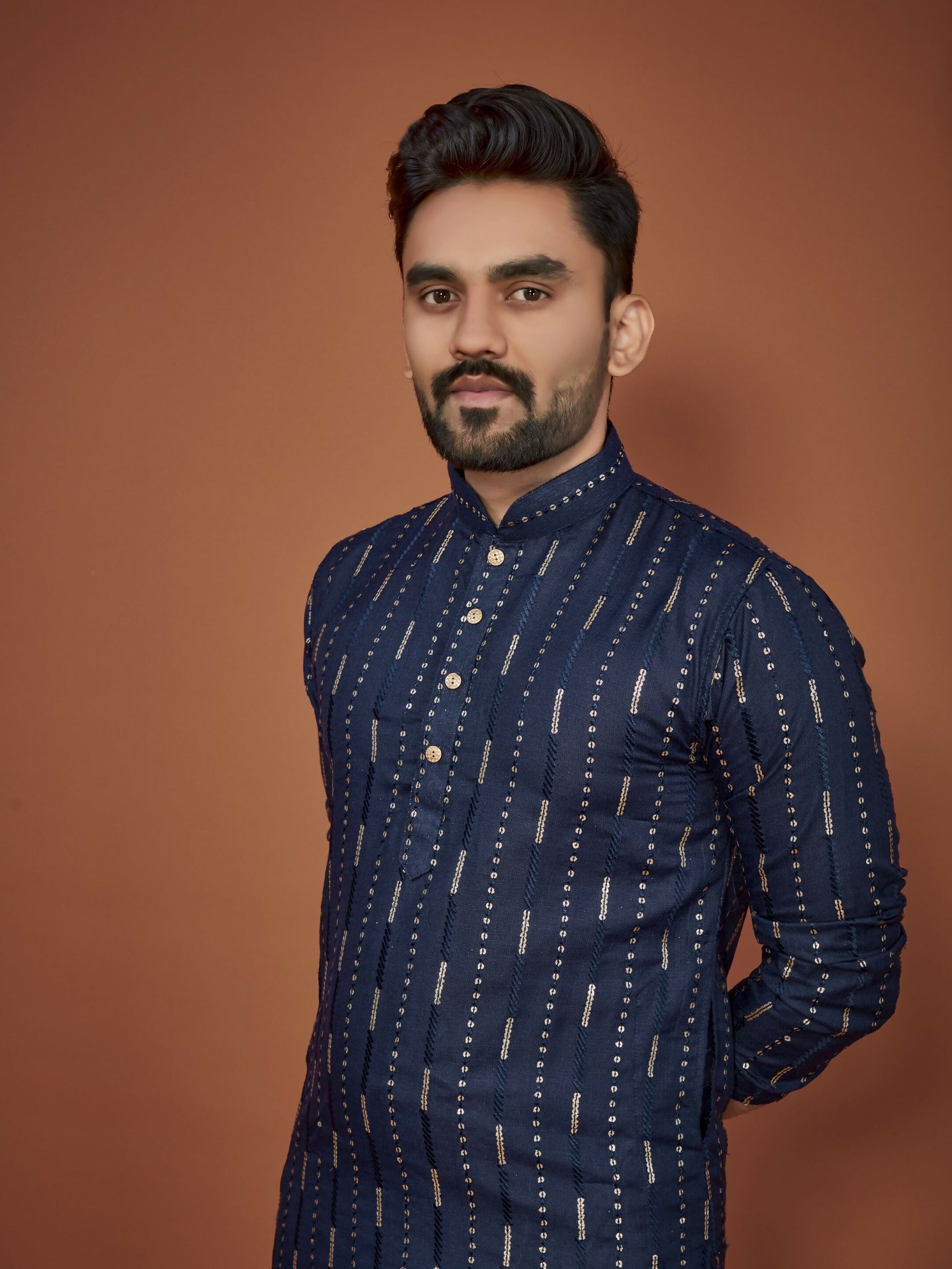 Anaita Navy Blue Embroidered Cotton Straight Kurta - Distacart