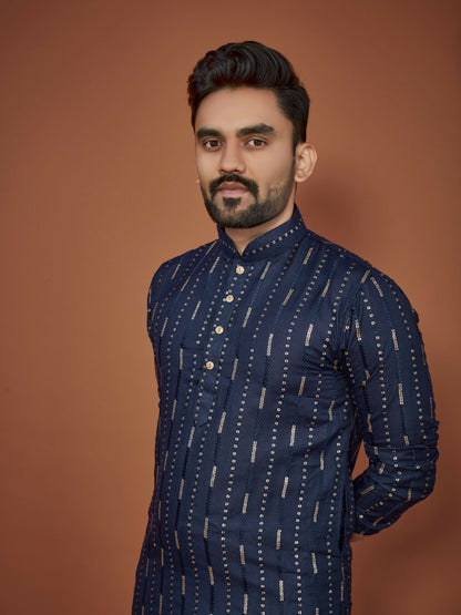Anaita Navy Blue Embroidered Cotton Straight Kurta - Distacart
