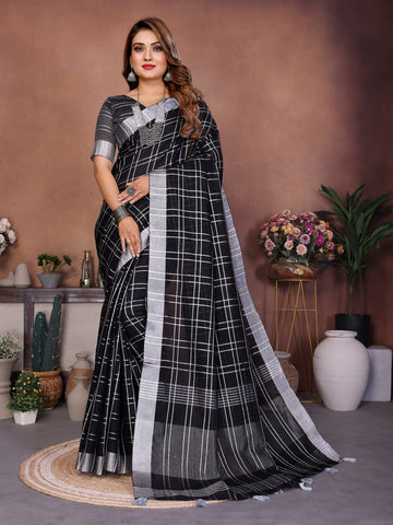 Anaita Black Weaving Linen Cotton Saree With Blouse - Distacart