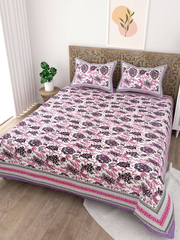 Green Orange Floral Printed Cotton 200TC King Bedsheet With 2 Zipper Pillow Covers - King Size by House of Ree - Distacart