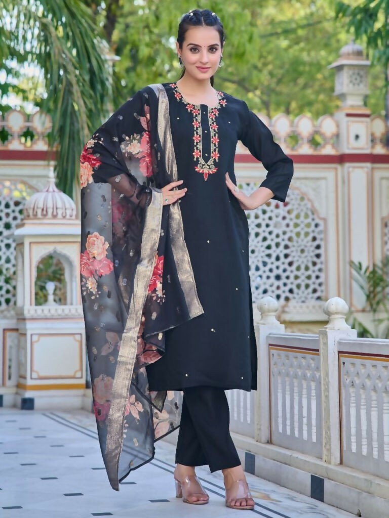 Partywear Designer Chanderi Black Stitched Suit With Dupatta - Tanisha - Distacart