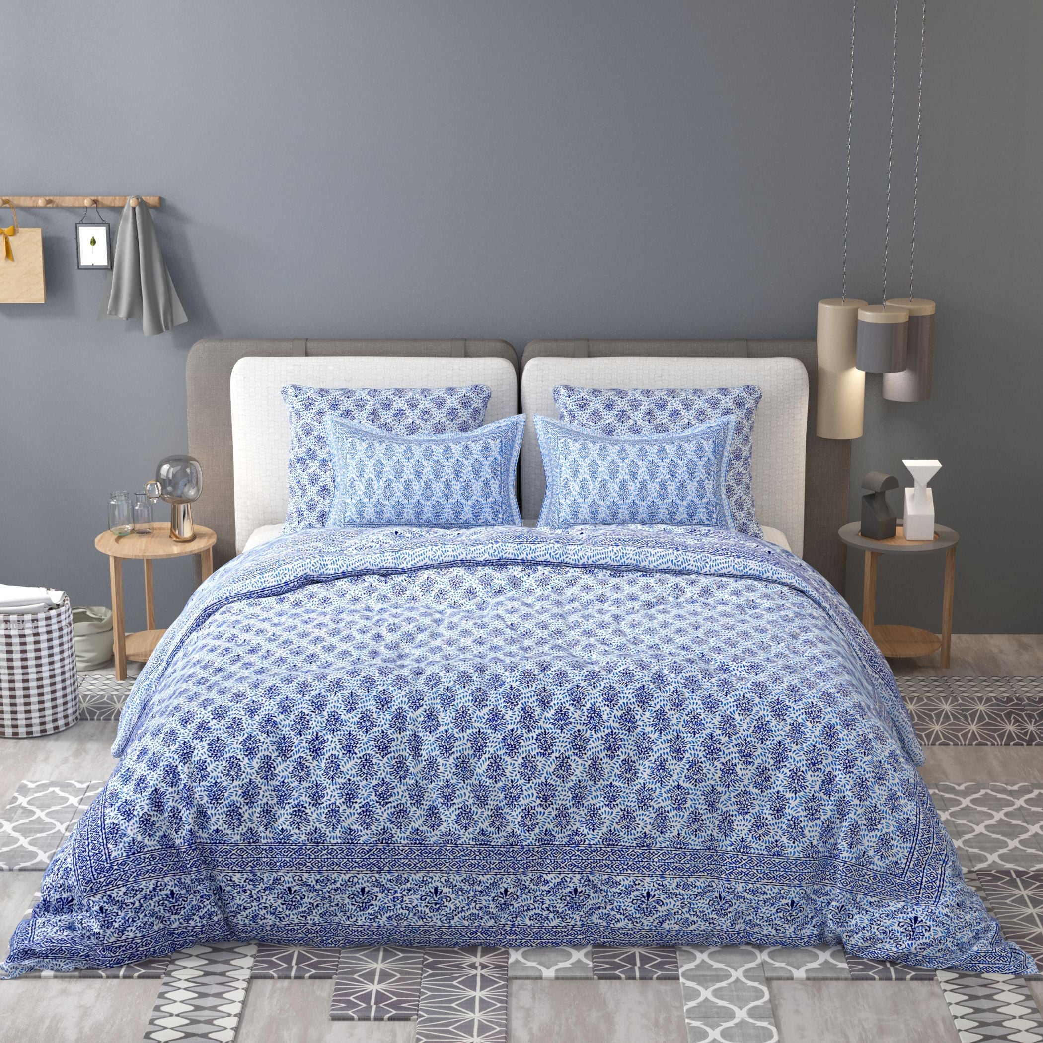 White Blue Ethnic Motifs Cotton 200TC King Bedsheet With 2 Zipper Pillow Covers - King Size by House of Ree - Distacart