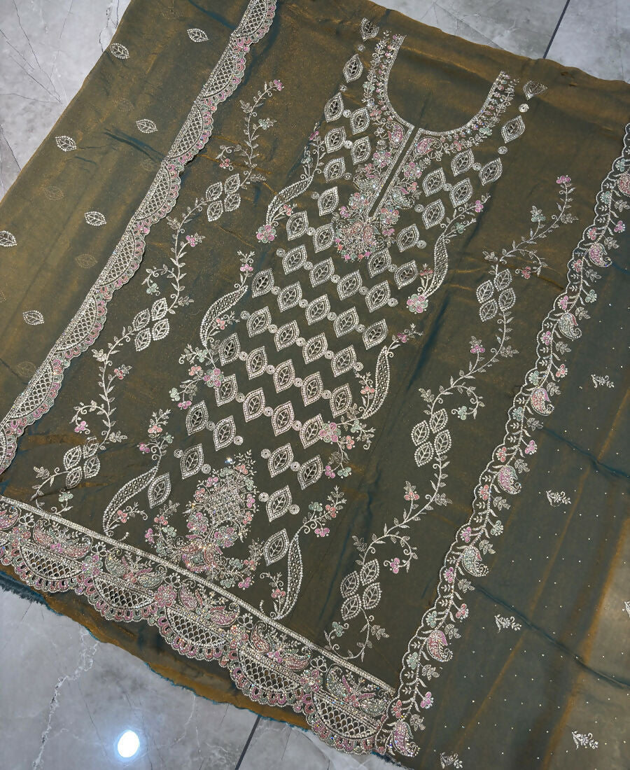 KC Heavy Embroidery Worked Two Ton Moss Silk Grey Suit For Women - Dista