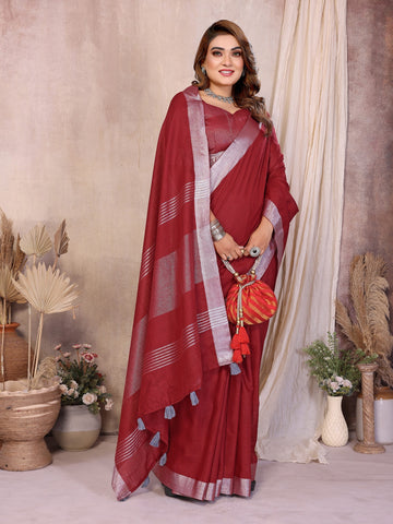 Anaita Red Weaving Linen Cotton Saree With Blouse - Distacart