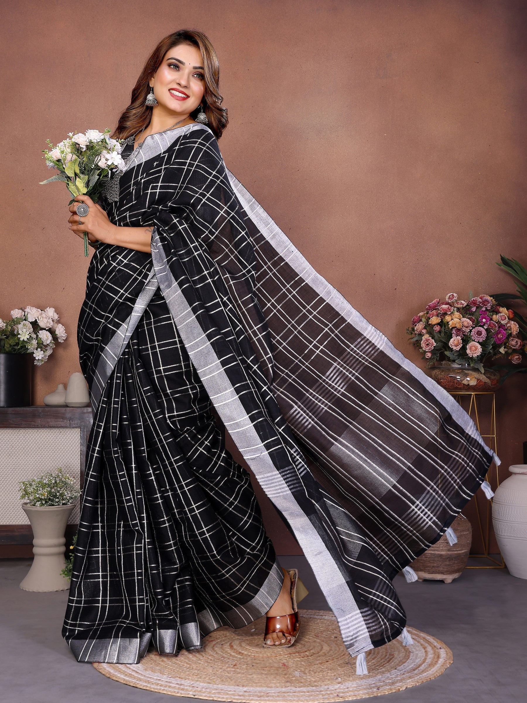 Anaita Black Weaving Linen Cotton Saree With Blouse - Distacart