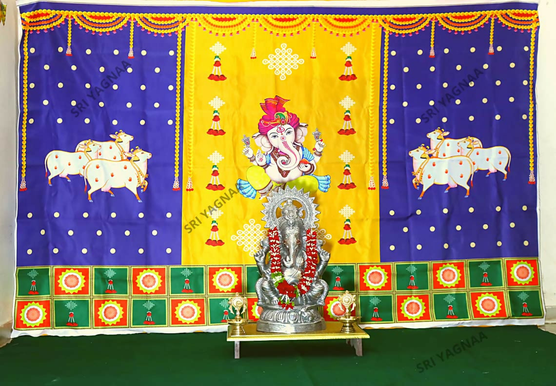 Sri Yagnaa M 30 – Ganesh & Gomatha Blue-Yellow Backdrop Cloth, 8 x 5 Ft - Dista