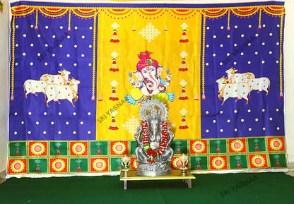 Sri Yagnaa M 30 – Ganesh & Gomatha Blue-Yellow Backdrop Cloth, 8 x 5 Ft - Dista