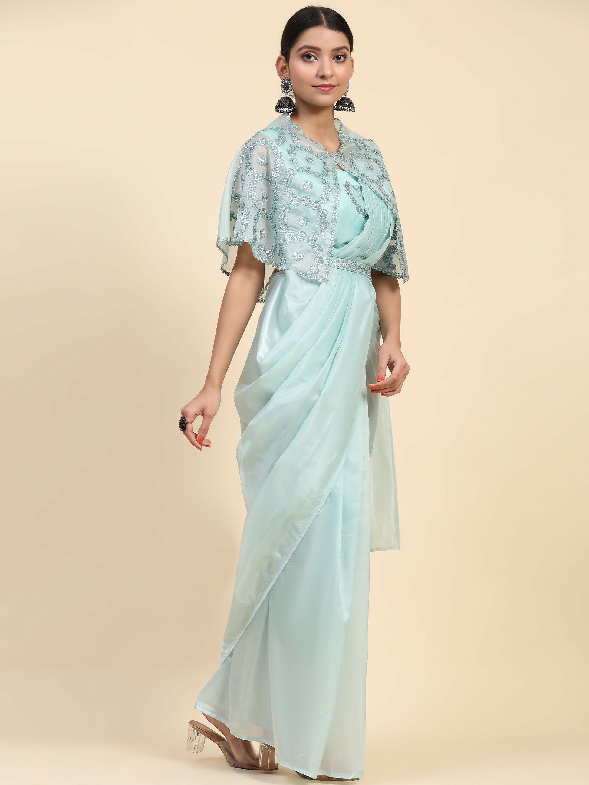 Blue Satin Solid Ready to wear Saree with stitched Blouse - Vanita - Distacart
