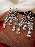 Thumbnail for NVR Women's Floral Silver-Plated Artificial Stones and Beads Drop Earrings - Distacart