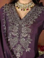 Thumbnail for The52 Wine Women's Gorgeous Vichitra Fabric Embroidered Work Straight Kurta Pant and Dupatta Set - Distacart