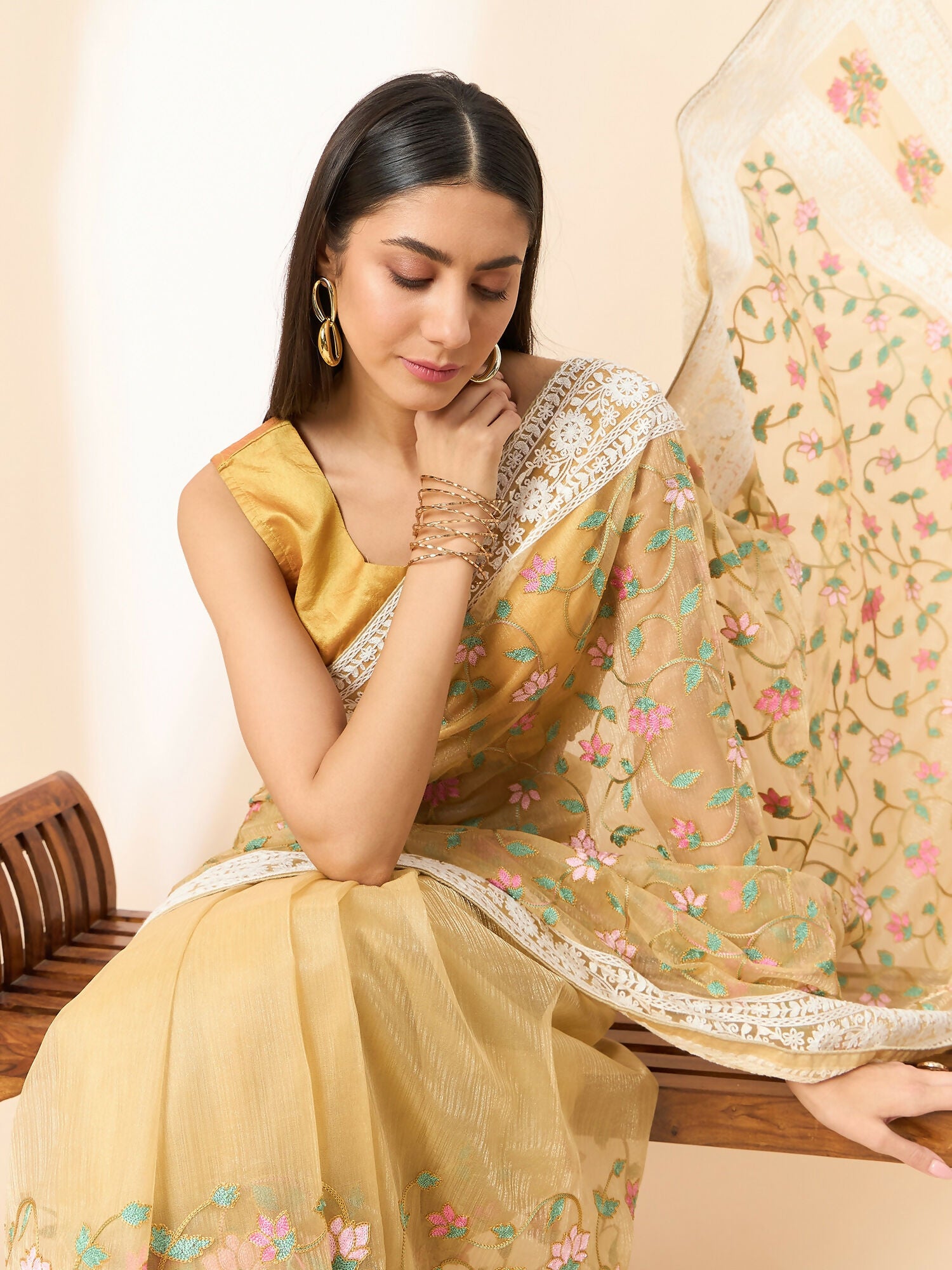 Beige Organza Floral Embroidered Saree with Unstitched Blouse Piece - Roozal - Distacart