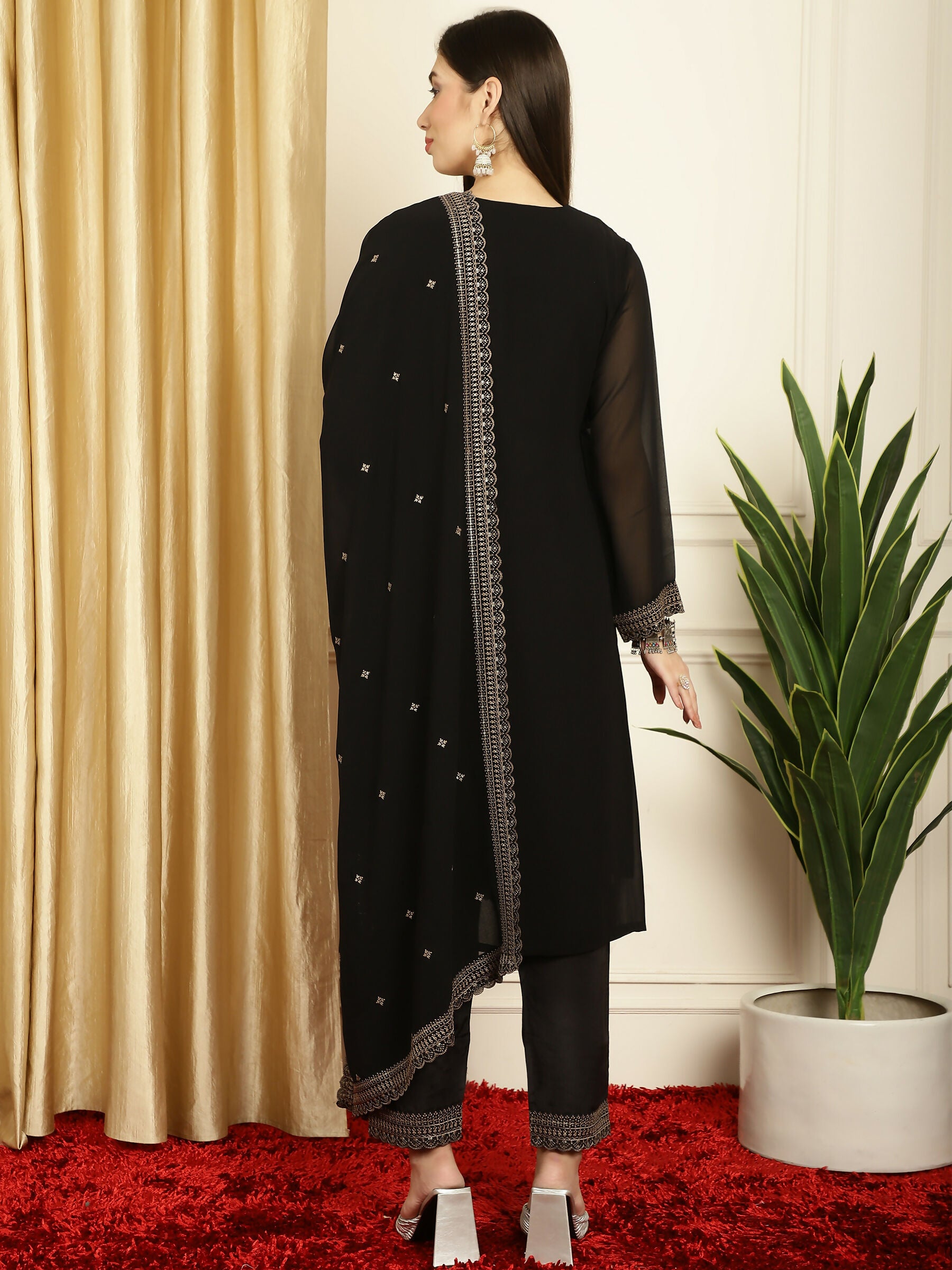 Jyoti Fashion Women's Black Georgette Resham Thread & Sequin Kurta with Trouser & Dupatta - Distacart