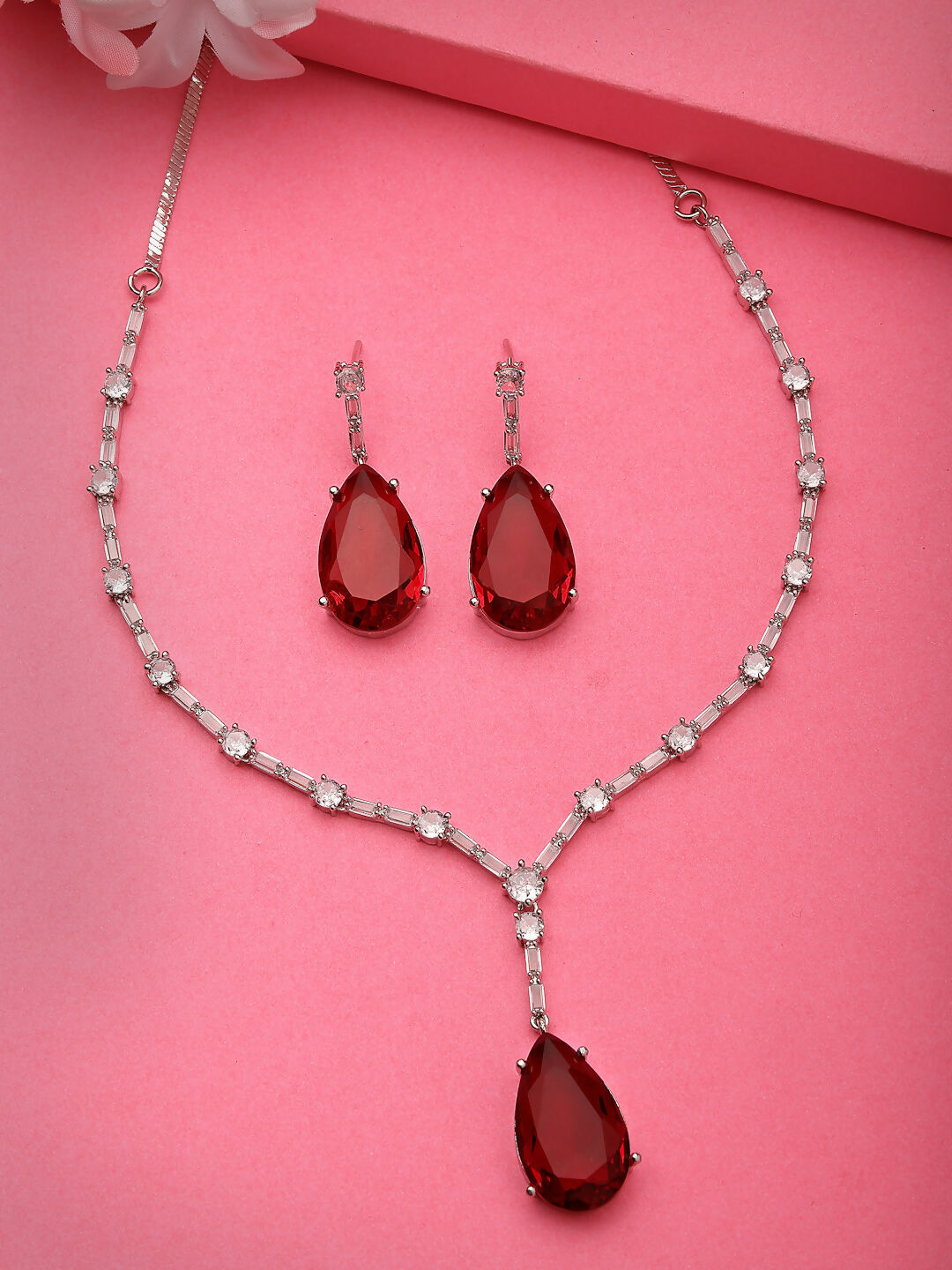 NVR Women's Silver-Plated Red Artificial Stones Studded Handcrafted Jewellery Set - Distacart