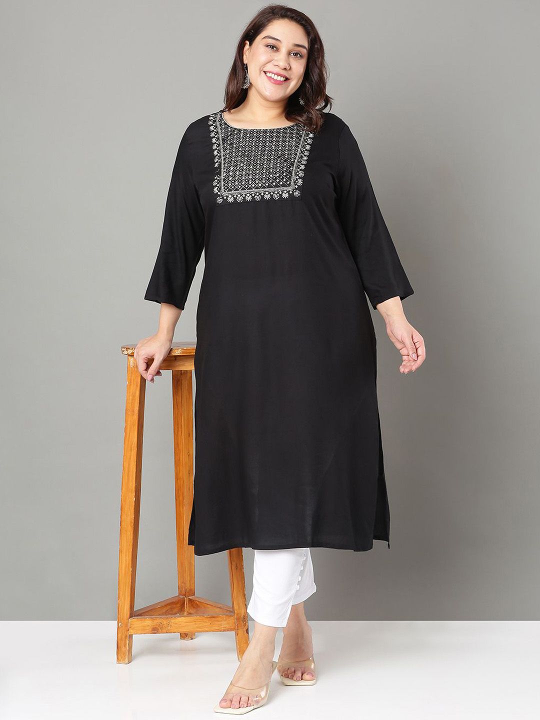 Sztori Plus Size Floral Yoke Design Mirror Work Straight Kurta - Distacart