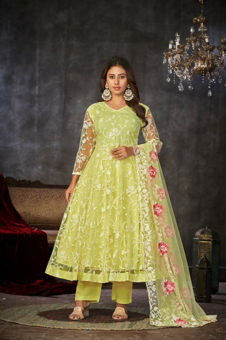 Jyoti Fashion Women's Pista Net Embroidered Anarkali Kurta Pant Set With Dupatta - Distacart