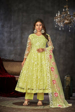 Thumbnail for Jyoti Fashion Women's Pista Net Embroidered Anarkali Kurta Pant Set With Dupatta - Distacart