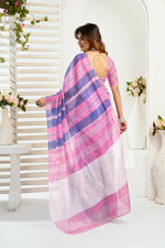 Thumbnail for Vastranavya Pink Blue Digital Printed Linen Ready To Wear Designer Saree with Unstitched Blouse - Distacart