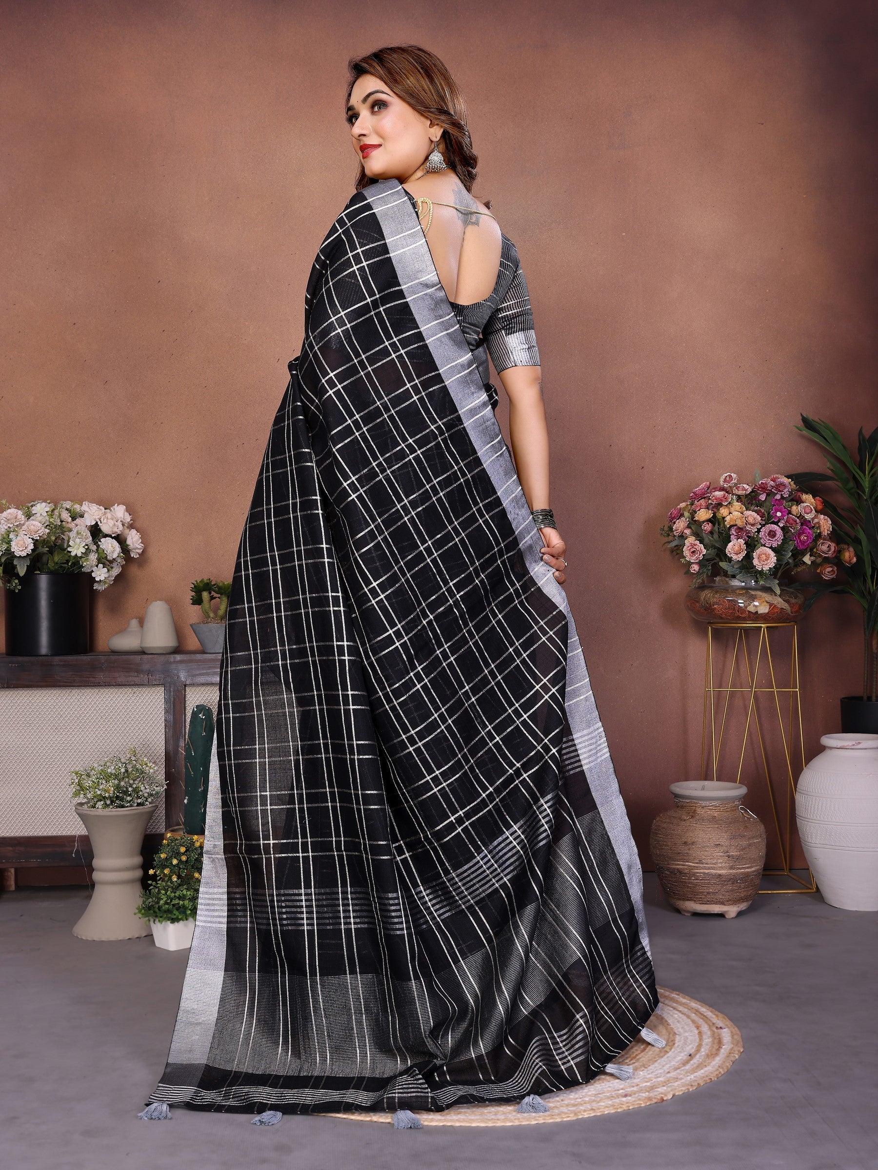 Anaita Black Weaving Linen Cotton Saree With Blouse - Distacart