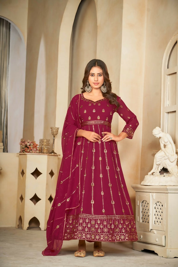 Jyoti Fashion Women's Rani Pink Georgette Embroidered Anarkali Kurta Pant Set With Dupatta - Distacart